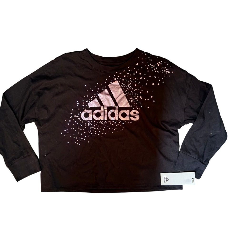 Adidas Girls Long Sleeve Graphic Tee Black Rose Gold Foil Star Logo Small 7/8